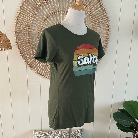 Women’s Olive Green Graphic T-Shirt – Retro Sunset ‘Salty’ Beach Tee Size small - Picture 7 of 7